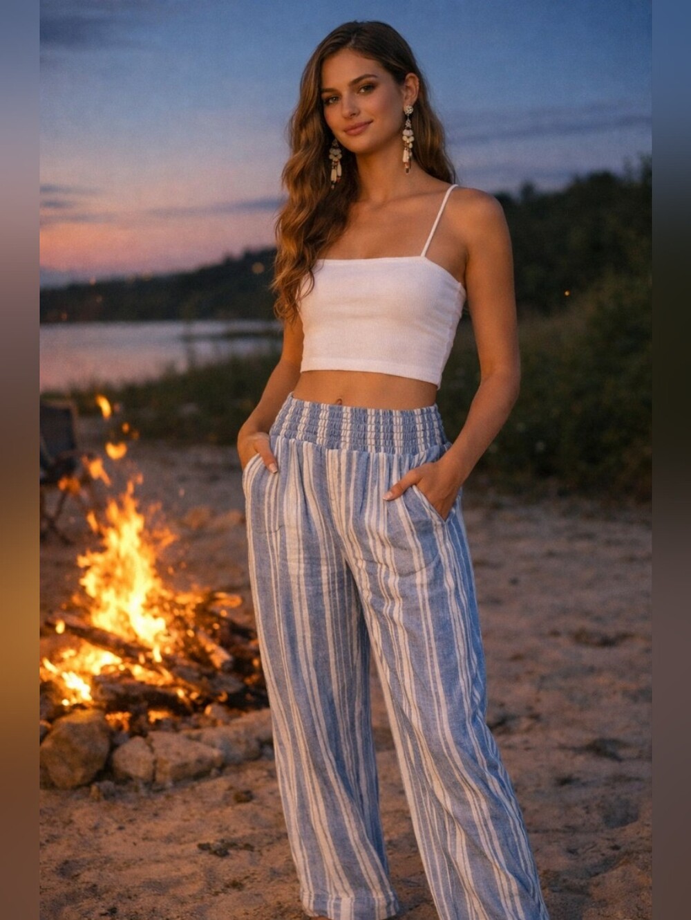 Billabong New Waves 2 Blue White Striped Wide Leg Pants Small Boho Beach Cotton